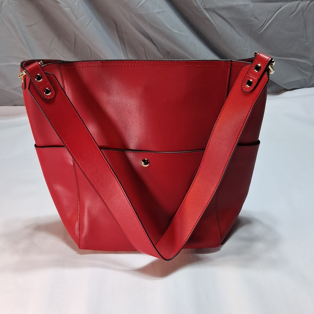 Bostanten Lotty Bright Red Cowhide Leather Hobo Tote Shoulder Bucket Bag +extras